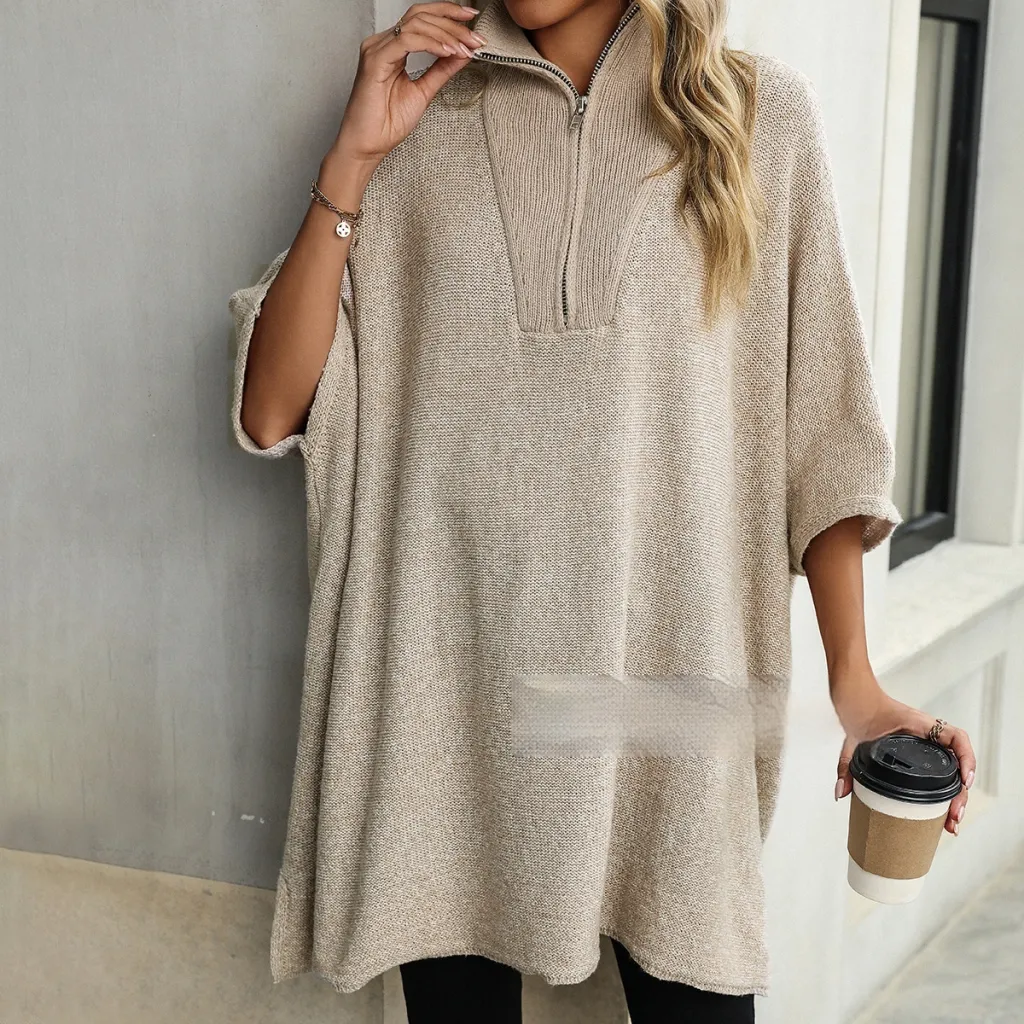 Women's Fashionable Mid-length Zipper And Lapel Sweater - Apricot