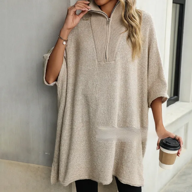 Women's Fashionable Mid length Zipper And Lapel Sweater Apricot - Shop at LoveMi