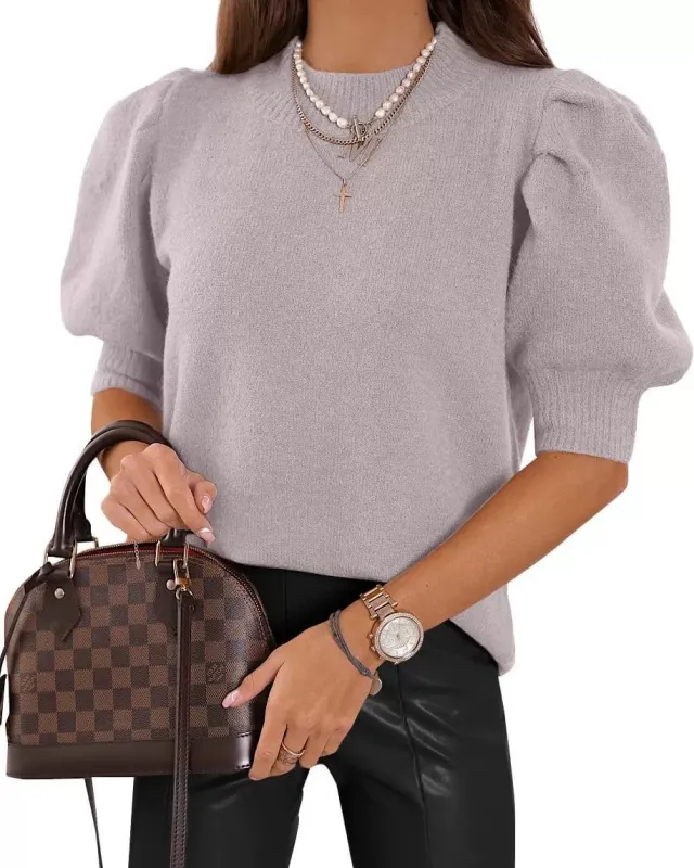 Half Turtleneck Lantern Sleeve Sweater Short Sleeve Pleated Sweater Light Grey - Shop at LoveMi