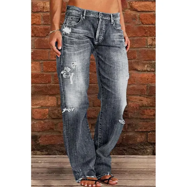 Loose Wide Leg Denim Retro Washed Ripped Trousers Grey - Shop at LoveMi
