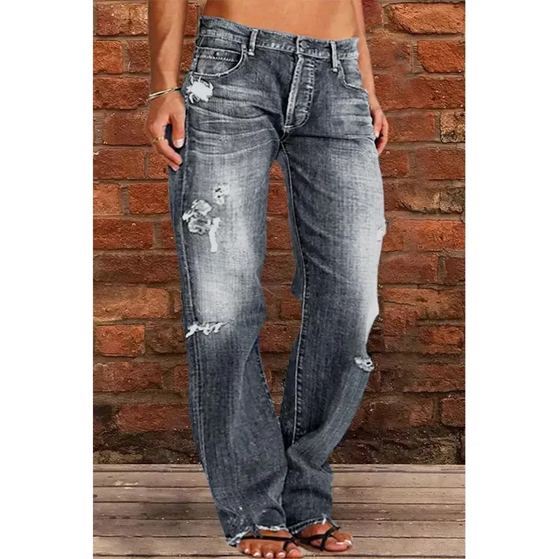 Loose Wide Leg Denim Retro Washed Ripped Trousers - Grey