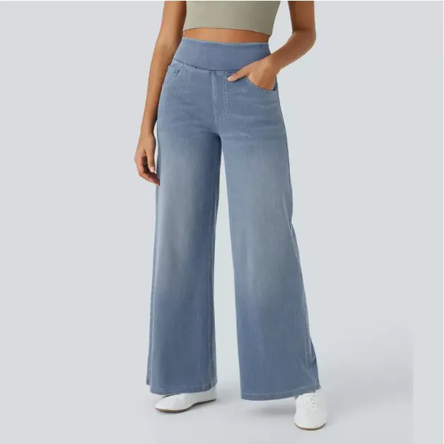 High Waist Straight Cat Beard Horse Riding Yoga Jeans Gray Blue Denim - Shop at LoveMi