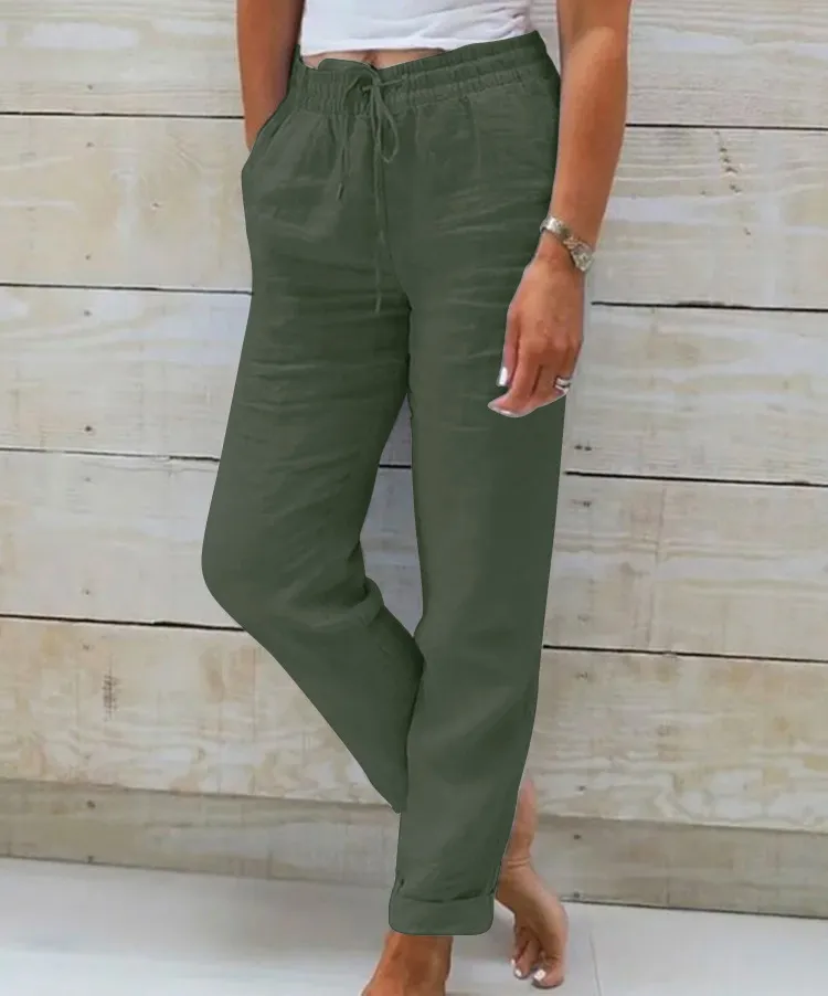 Elastic Waist Solid Cotton Hemp Pants - Army Green