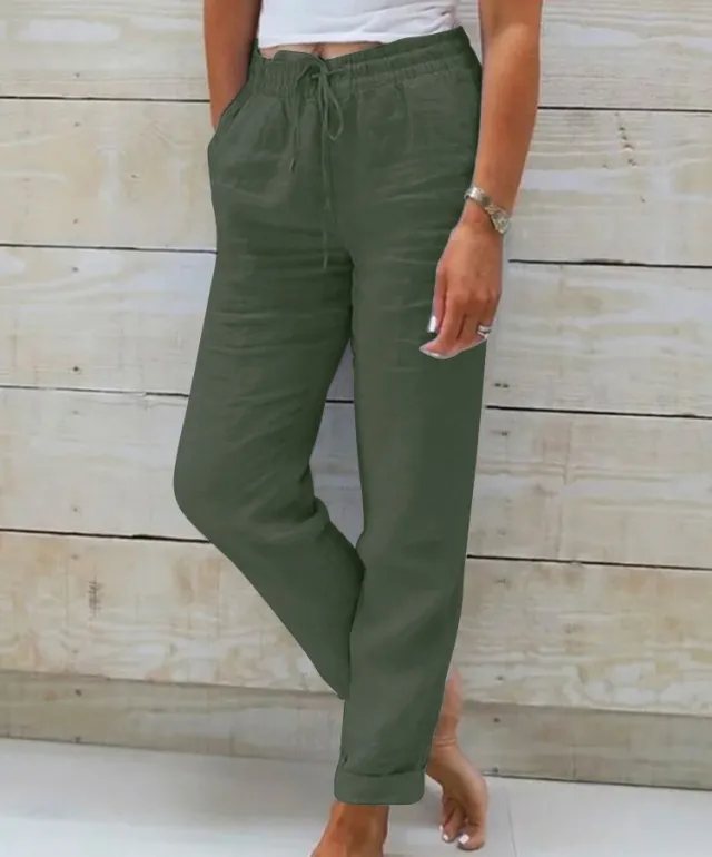 Elastic Waist Solid Cotton Hemp Pants Army Green - Shop at LoveMi