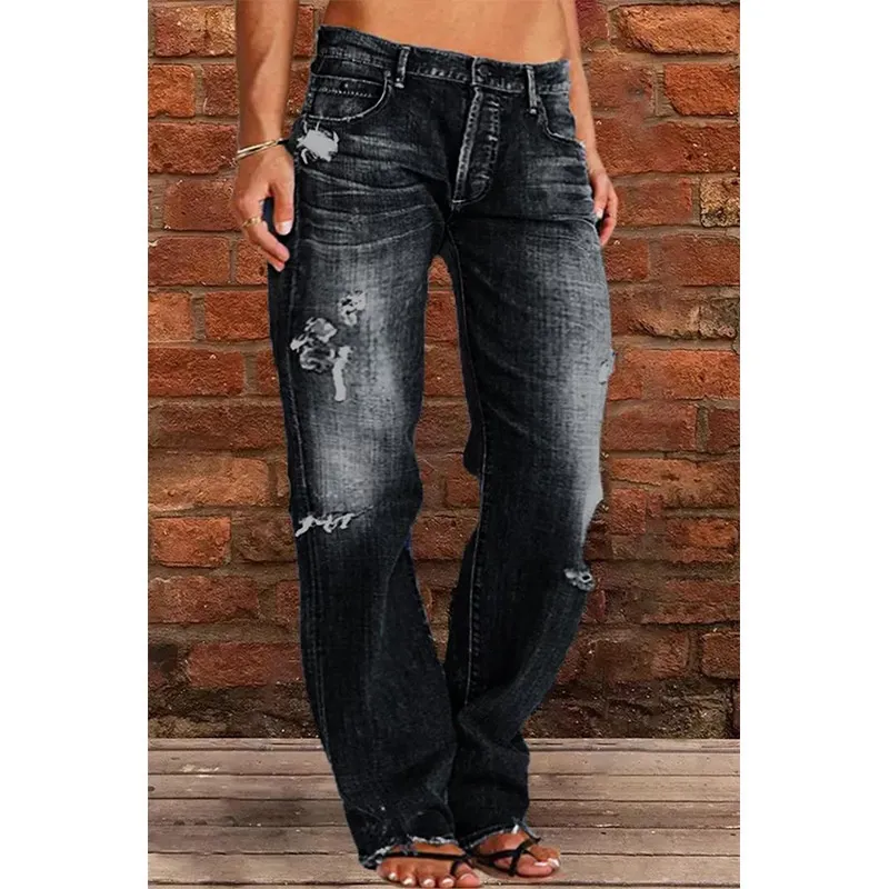 Loose Wide Leg Denim Retro Washed Ripped Trousers - Black