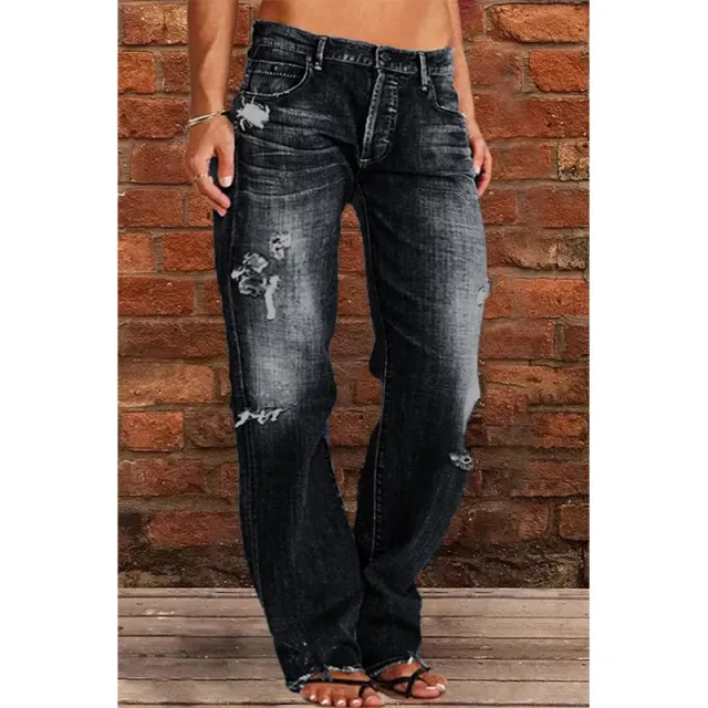 Loose Wide Leg Denim Retro Washed Ripped Trousers Black - Shop at LoveMi