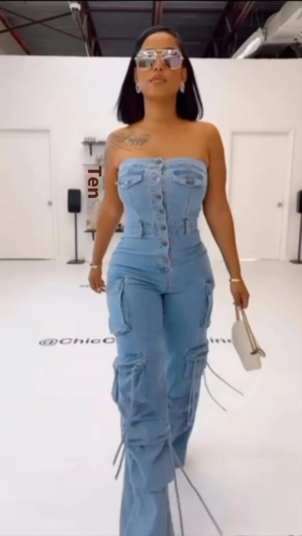 Tube Top Multi-pocket Workwear Jumpsuit Multi-button - Blue