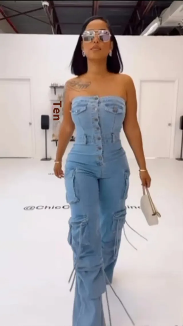 Tube Top Multi pocket Workwear Jumpsuit Multi button Blue - Shop at LoveMi