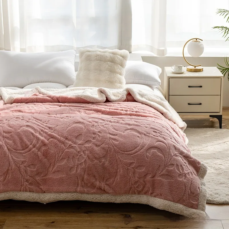 Double Thick Jacquard Berber Fleece Blanket Comfortable Cotton Thickened Warm - Pink