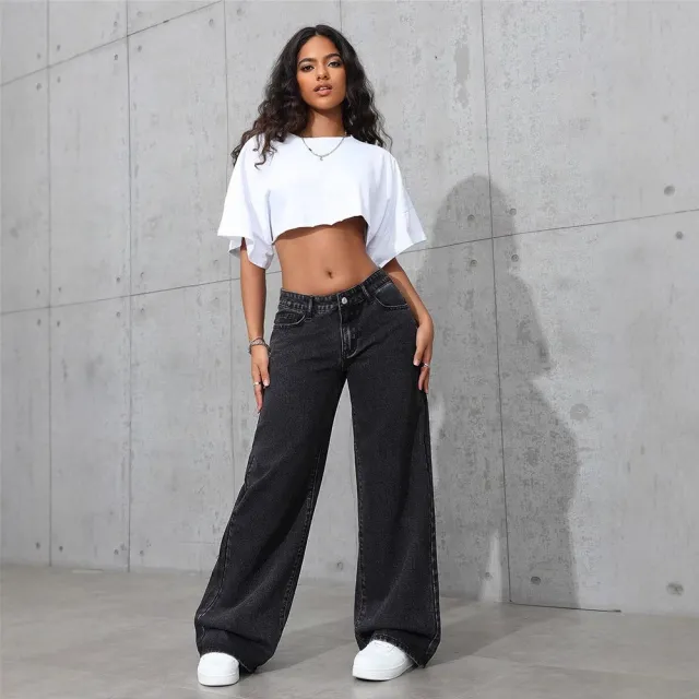 Retro Straight leg Pants Loose Denim Trousers Black Grey - Shop at LoveMi