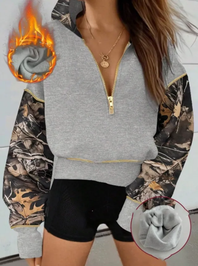 Ladies Hooded Long Sleeve Half Zipper Short Chic Casual Sweatshirt Gray - Shop at LoveMi