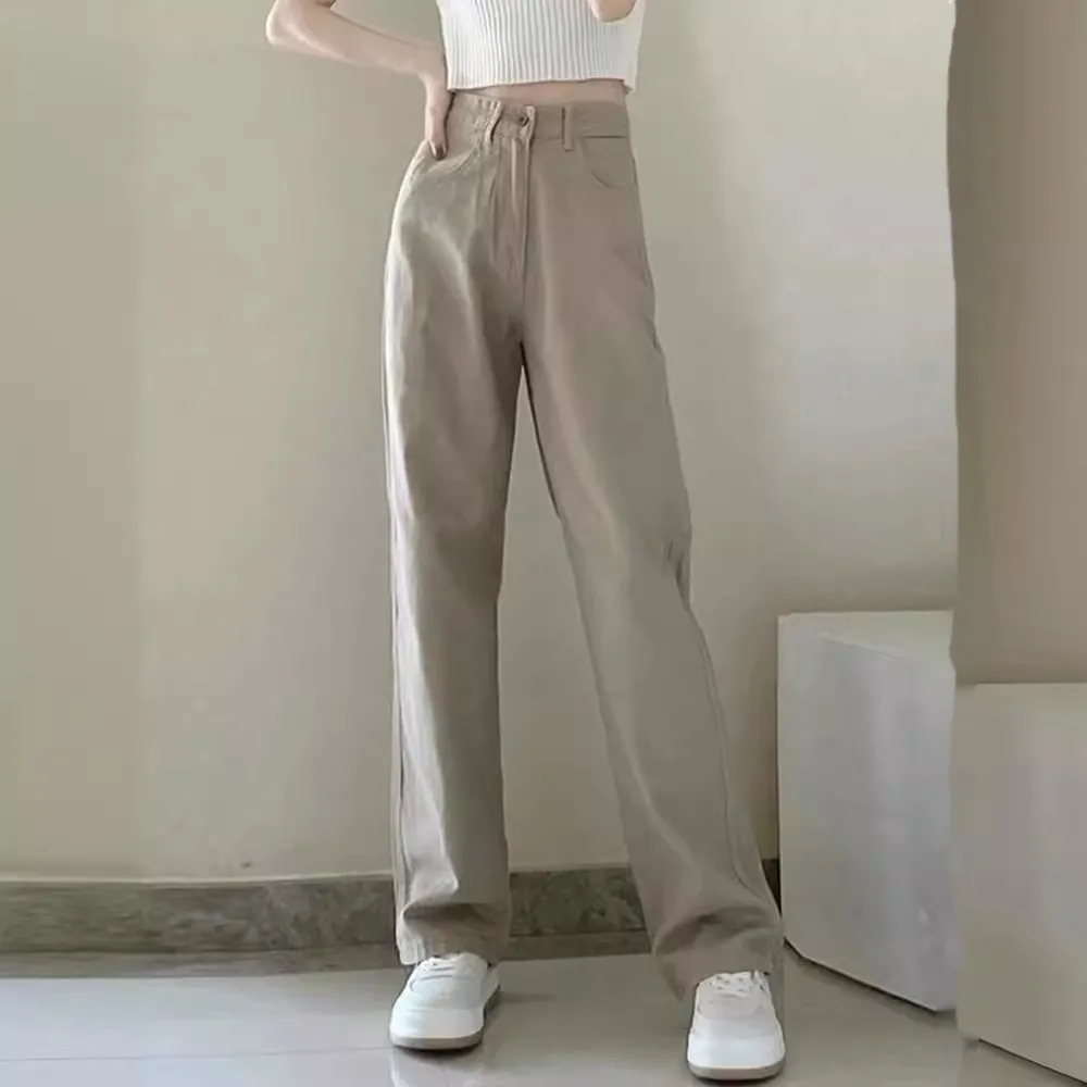 Solid Color Simple Straight Jeans For Women - Khaki