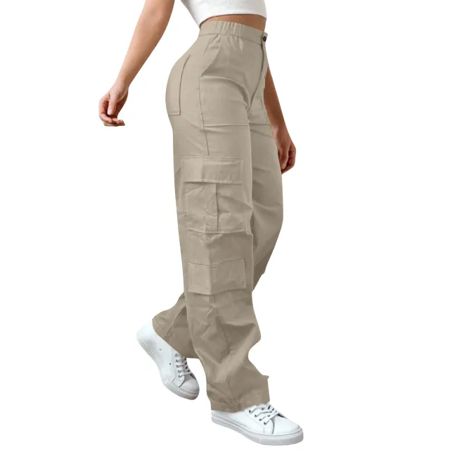 Waist Button Strip Zipper With Pockets Outdoor Mountaineering Leisure Overalls Trousers Beige - Shop at LoveMi