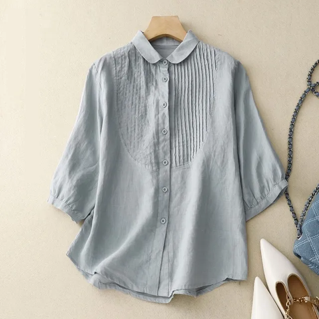 Women's Retro Loose Cotton And Linen Tops Blue - Shop at LoveMi