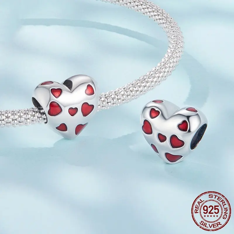 S925 Sterling Silver Red Heart-shaped Beaded