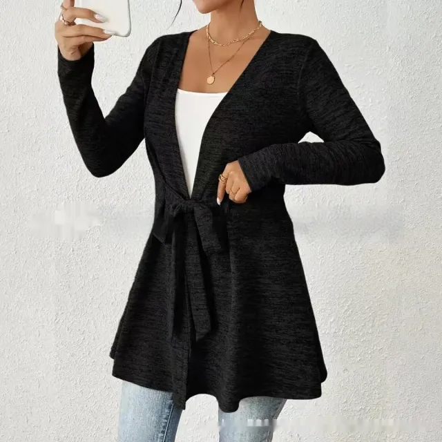 Solid Color Long Sleeve Lace Up Casual Loose Cardigan Top Women's Coat Black - Shop at LoveMi