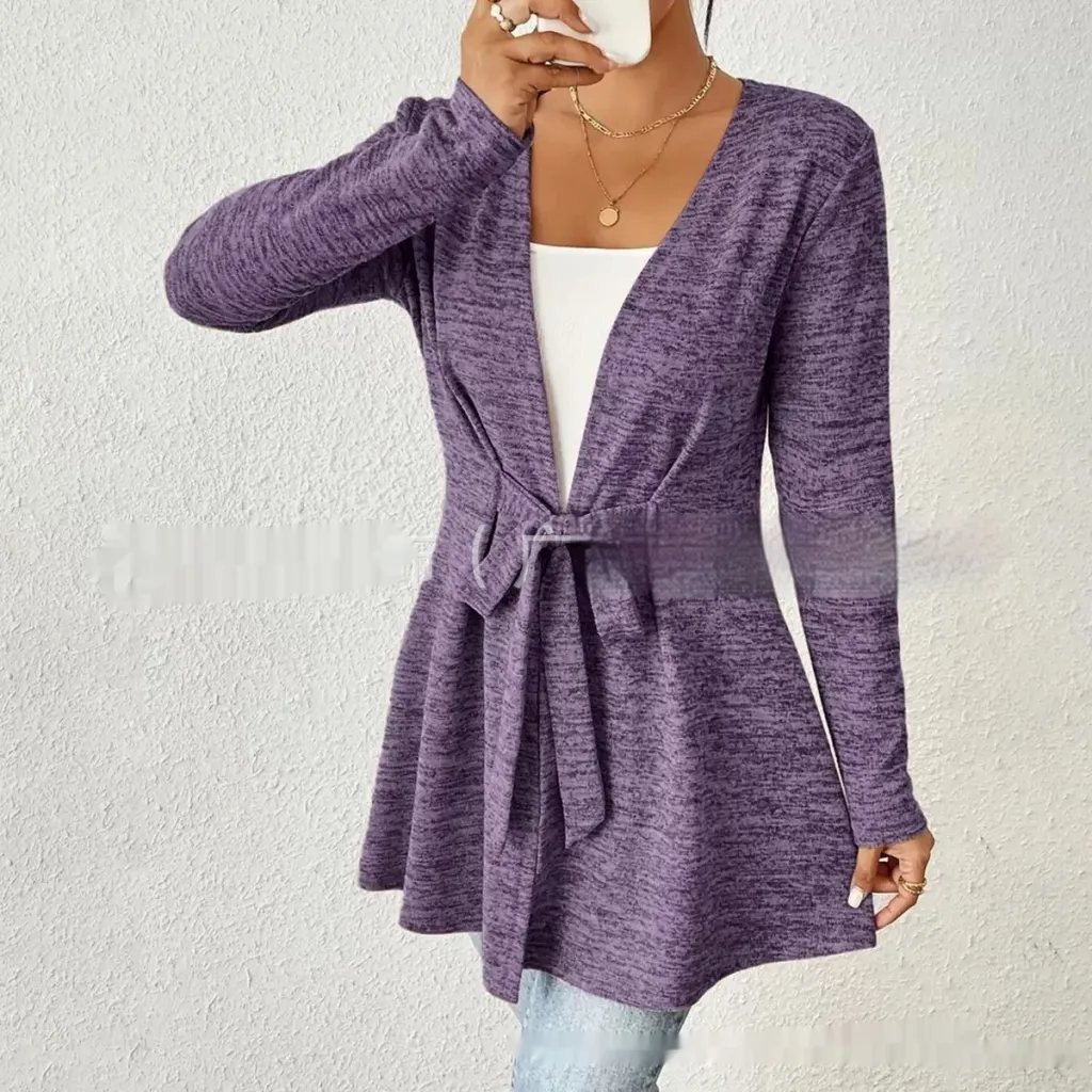 Solid Color Long Sleeve Lace Up Casual Loose Cardigan Top Women's Coat - Light Purple