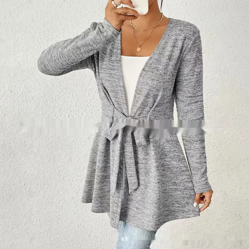 Solid Color Long Sleeve Lace Up Casual Loose Cardigan Top Women's Coat - Light Gray