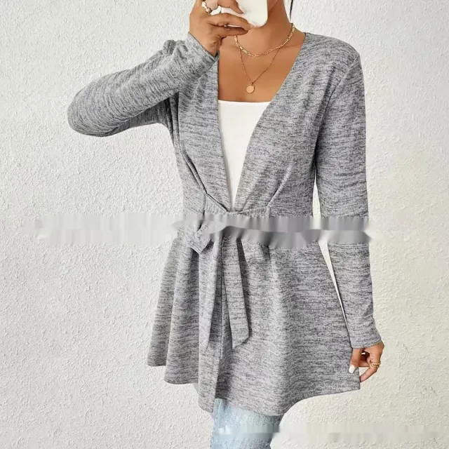 Solid Color Long Sleeve Lace Up Casual Loose Cardigan Top Women's Coat Light Gray - Shop at LoveMi