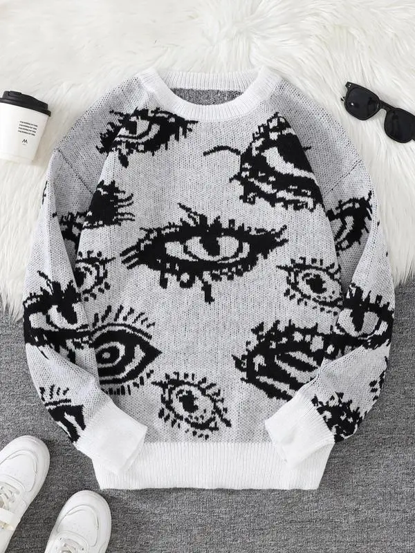 Personality Round Neck Wide Knitted Jacquard Sweater White 2 - Shop at LoveMi