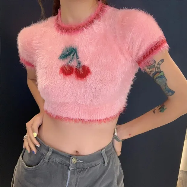 Fashion Cute Sweet And Spicy Cherry Short Plush Knit Sweater - Pink 2