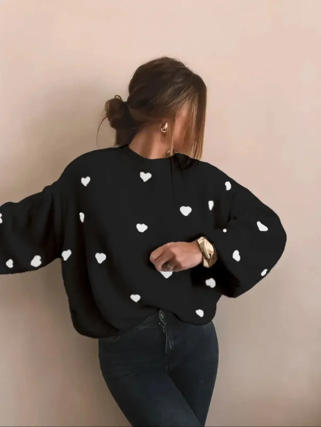 Heart Knitted Women's Leisure Pullover Sweater Black - Shop at LoveMi