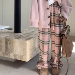 Gentle Temperament Idle Style Plaid Wide-leg Trousers - Pink Plaid Pants - View 1