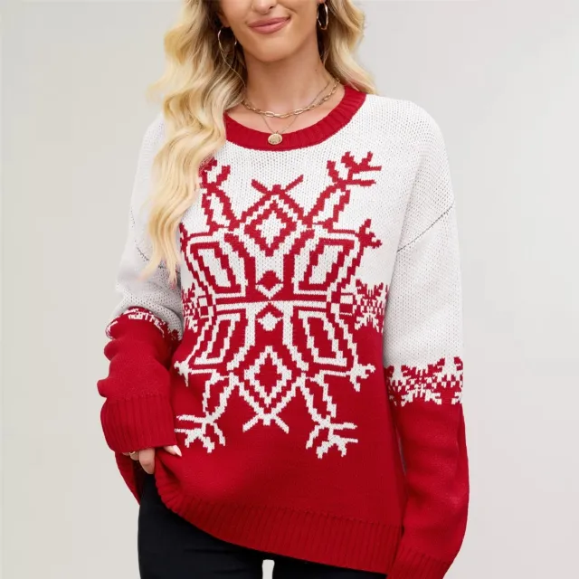Women's Large Snowflake Casual Sweater Red - Shop at LoveMi