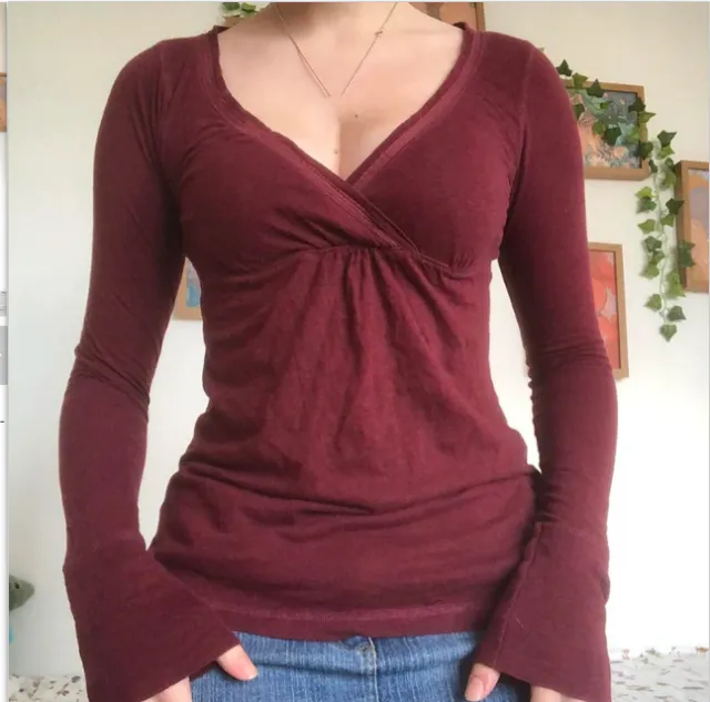 Black V neck Long Sleeve Top For Women Red - Shop at LoveMi