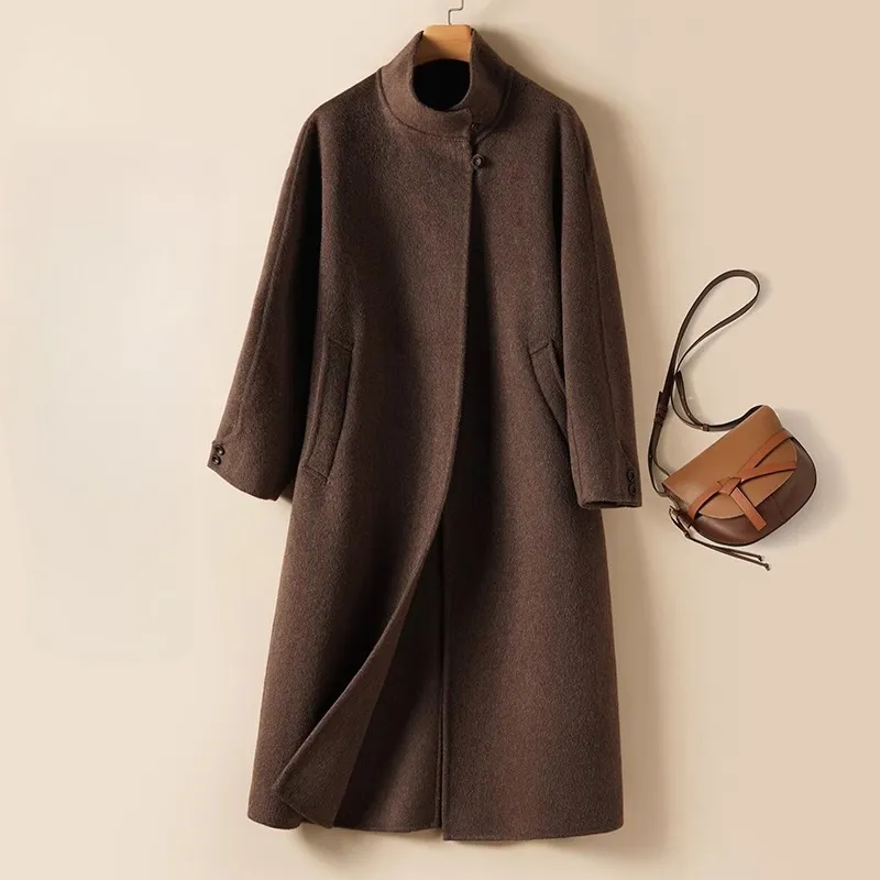 Long Stand-up Collar High-grade Double-sided Woolen Coat - Brown
