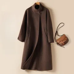 Long Stand-up Collar High-grade Double-sided Woolen Coat - Brown - View 1