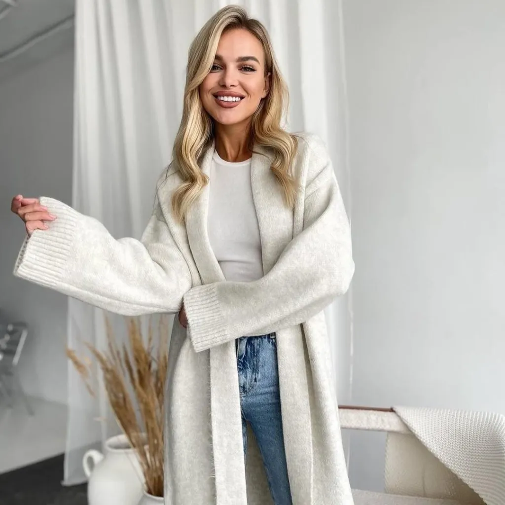 Autumn And Winter New Elegant Cardigan Sweater Coat For Women - White And Gray