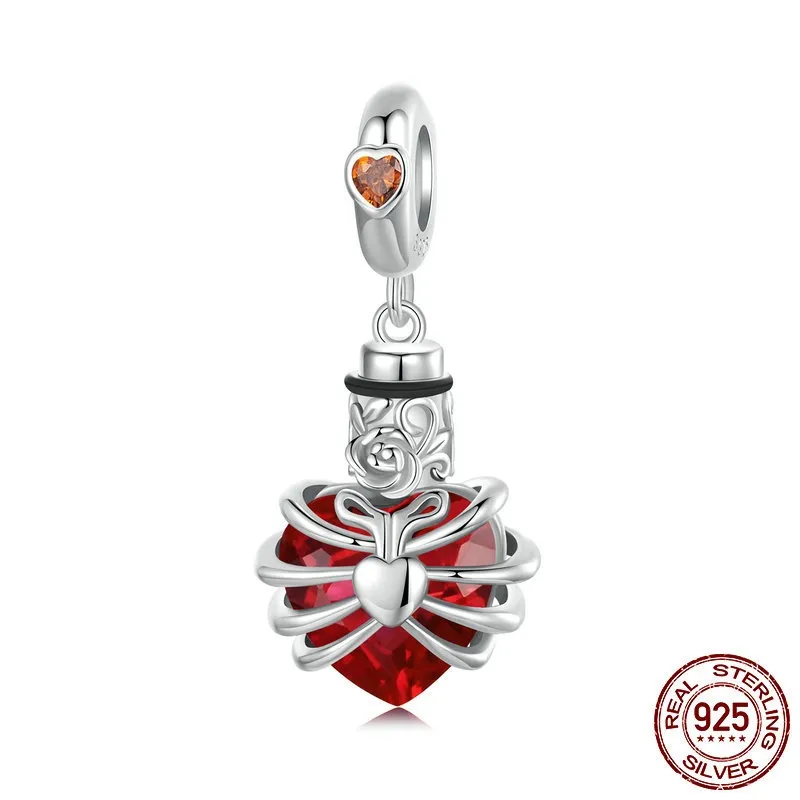 Rose Heart Diy Pendant Parts S925 Silver Beaded - Red