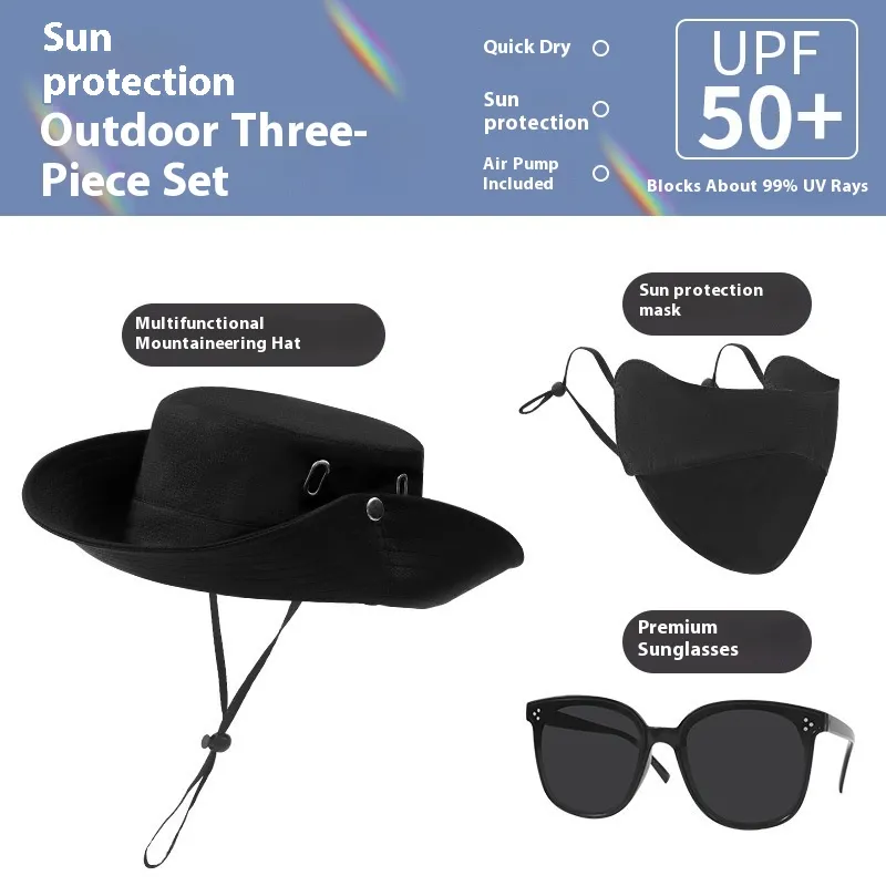 Three-piece Set Cap Fisherman Hat Sun-proof Climbing Equipment - Black