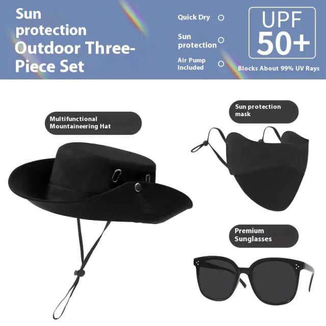 Three piece Set Cap Fisherman Hat Sun proof Climbing Equipment Black - Shop at LoveMi