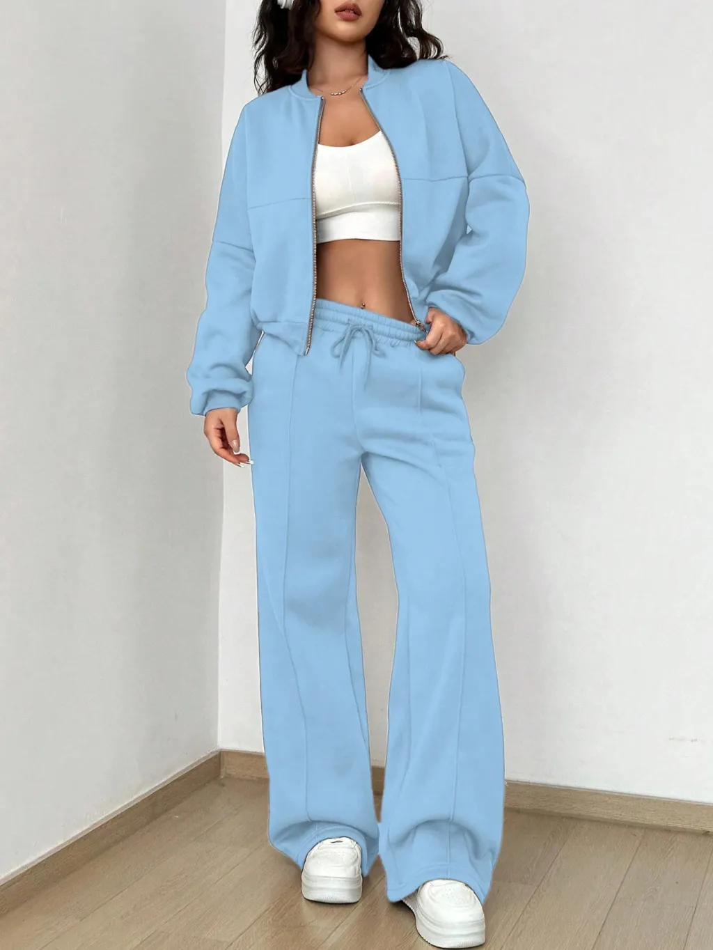 European And American Solid Color Zipper Cardigan Sweater Fashion Casual Set - Sky Blue