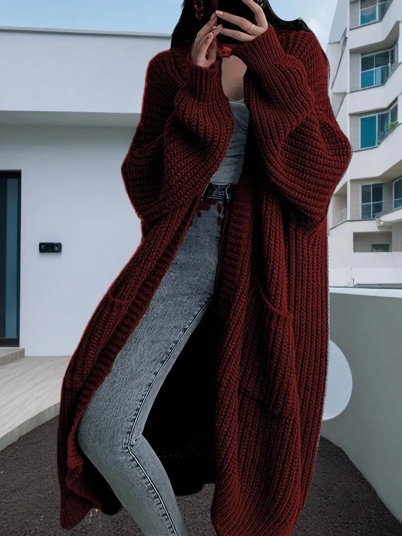 Autumn And Winter Long Sweater Women's Loose All-matching Base Long-sleeved Knitted Cardigan - Red