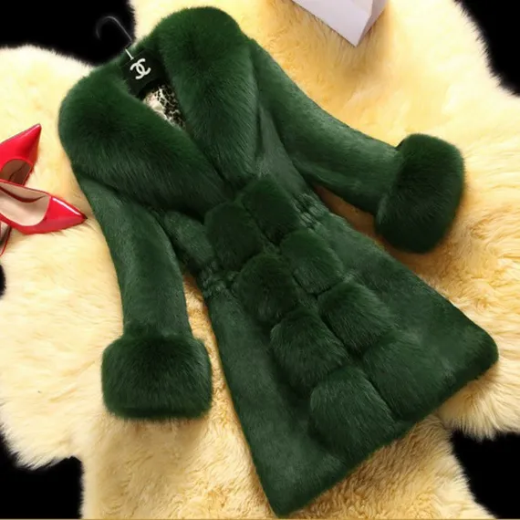 High end Female Rabbit Fur Coat In The Long Section Of The Oversized Fox Fur Collar Coat New Fur Green - Shop at LoveMi