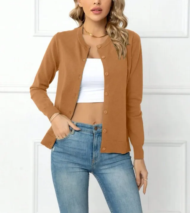 Women's Buckle Round Neck Long Sleeve Soft Knitted Sweater Camel - Shop at LoveMi
