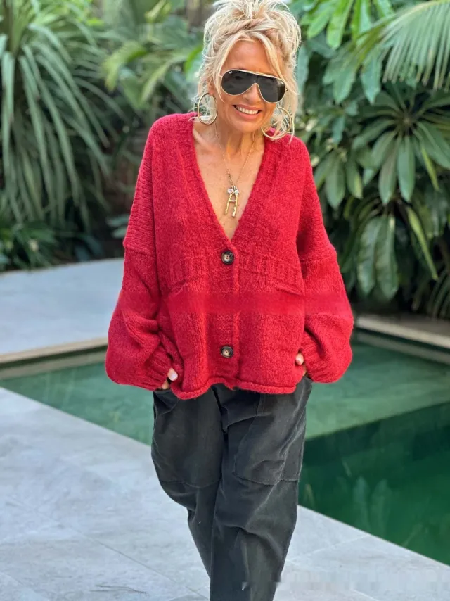Cardigan Women Coat Long Sleeve V neck Buttons Pocket Red - Shop at LoveMi