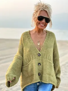 Cardigan Women Coat Long Sleeve V-neck Buttons Pocket - Autumn Green - View 1