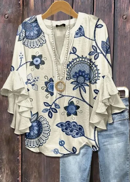 Women's Beige Floral Print Ruffle Sleeve Tops Beige - Shop at LoveMi