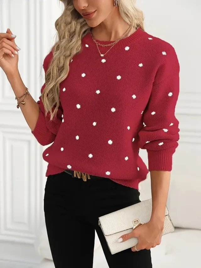 Ins Polka Dot Print Pullover Sweater Fashion Casual Long sleeved Jacquard Knitted Top Winter Round Neck Clothing For Women Red - Shop at LoveMi