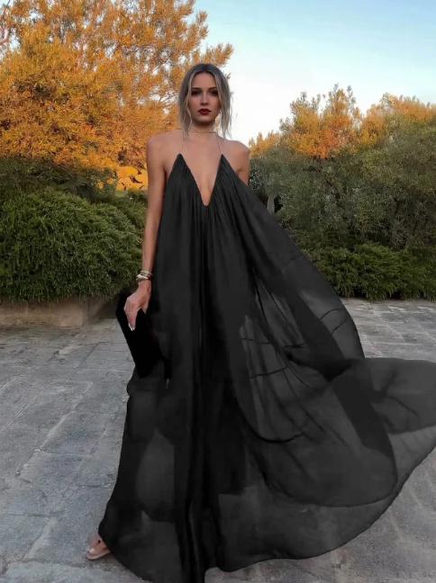 Elegant V neck Chiffon Flowing Long Dress Black - Shop at LoveMi