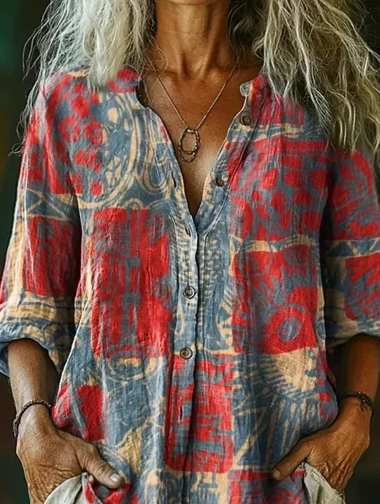 Women's Vintage Ethnic Floral Art Print Linen And Cotton V neck Casual Shirt Multicolor - Shop at LoveMi