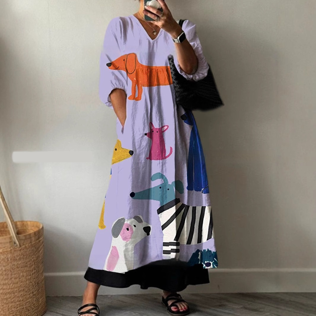 Loose V-neck Fashion High-end Long Sleeve Printed V-neck Dress