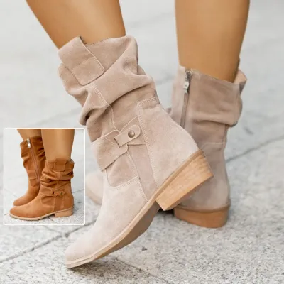 Ins Pointed Toe Mid-calf Boots Fashion Suede Zipper Western Boot Winter Shoes For Women