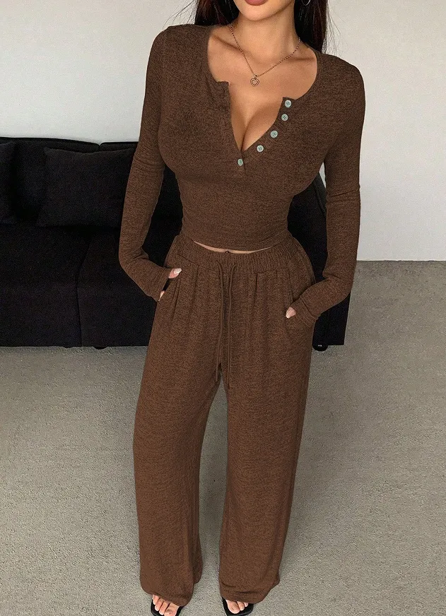 Women's Long sleeved Button up Solid Color Top And Trousers Two piece Suit Brown - Shop at LoveMi