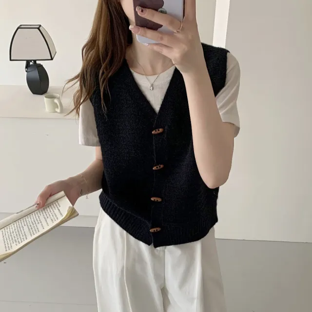 Horn Button Design V neck Three dimensional Pattern Cardigan Black - Shop at LoveMi