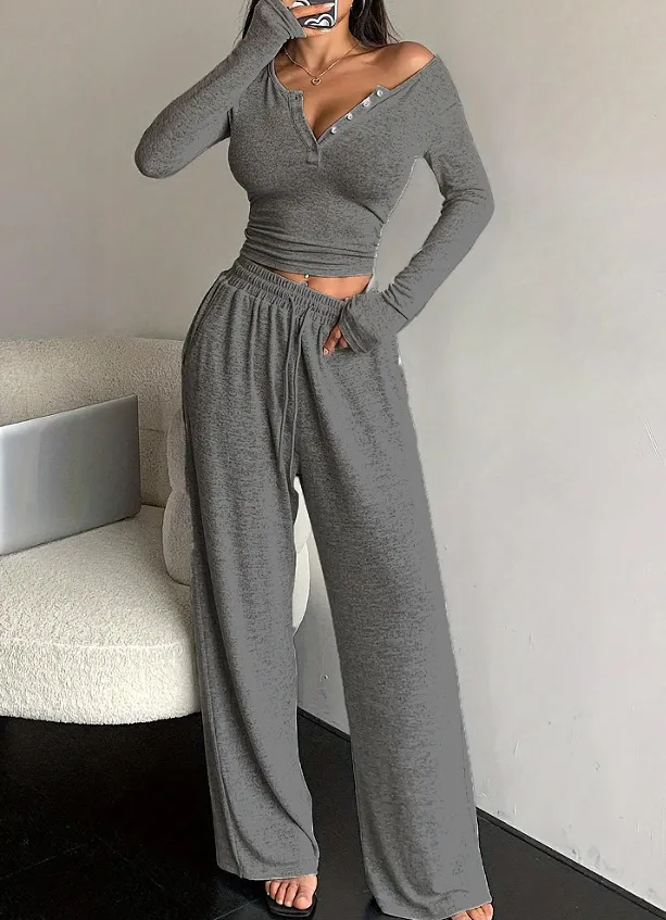 Women's Long sleeved Button up Solid Color Top And Trousers Two piece Suit Dark Grey - Shop at LoveMi